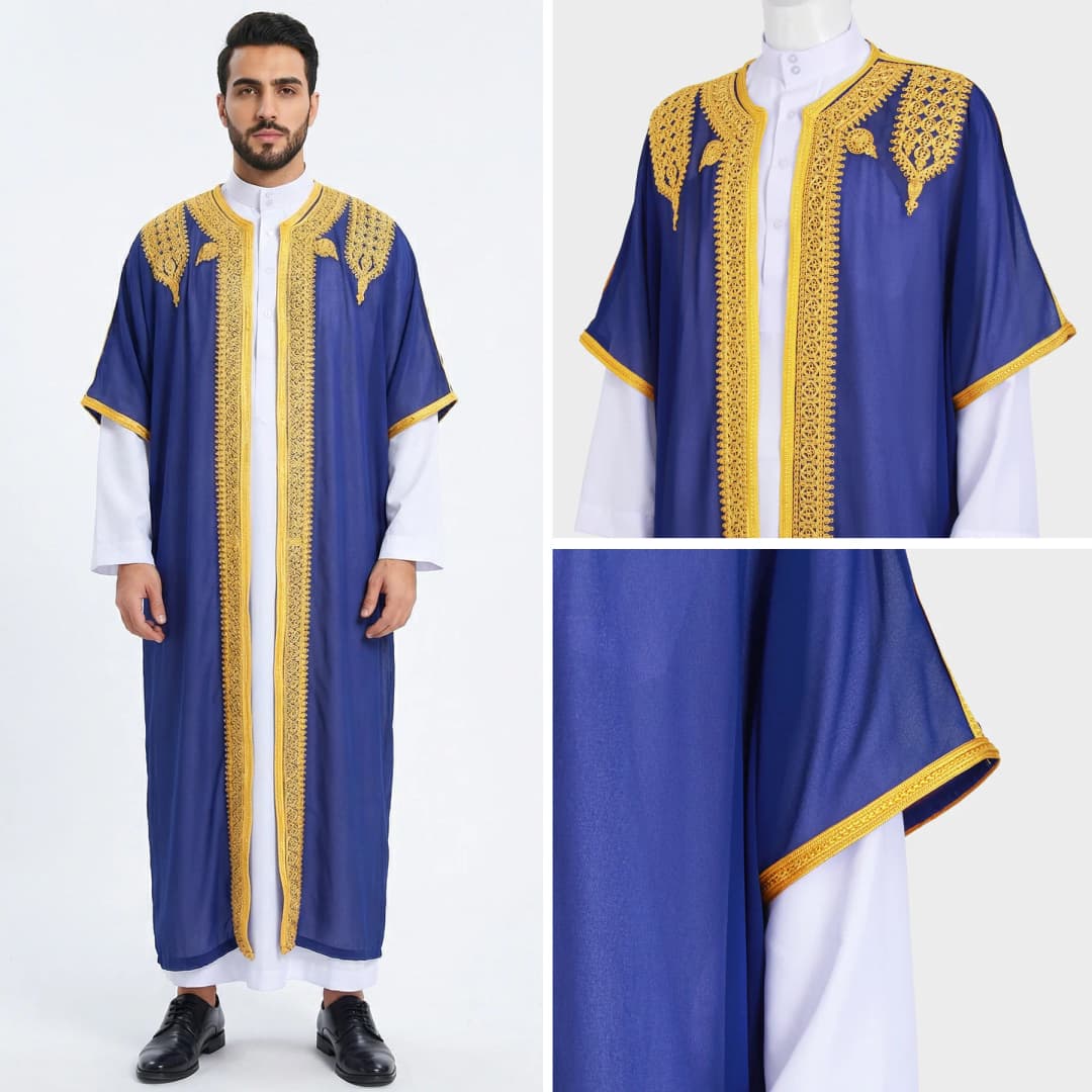 Eid Men Robe Jubba Thobe Open Abaya Dishdasha Islamic Embroidery Cardigan Abayas Dubai Male Muslim Prayer Kaftan Ramadan Morocco - 2