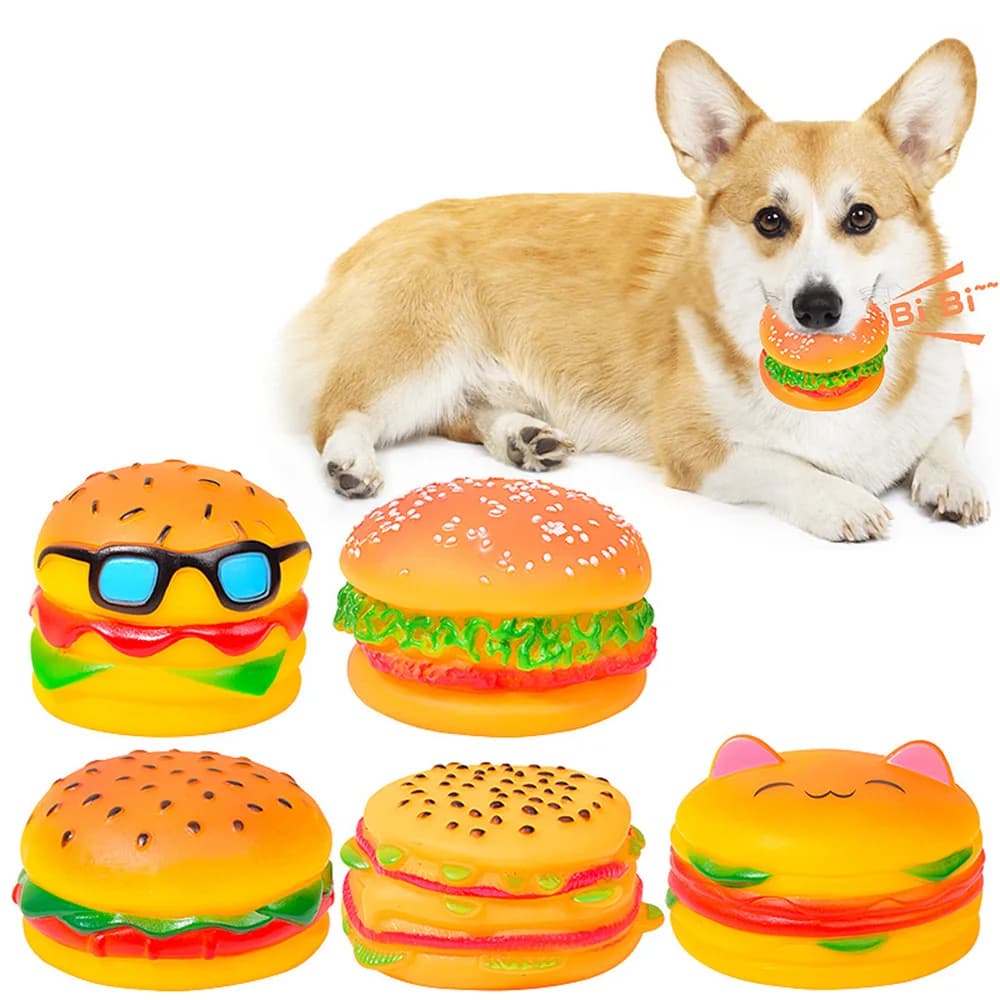 Squeaky Hamburger Dog Toy - Chew Toy for Teeth Cleaning & Molar Care, Interactive Squeaking Pet Toy,