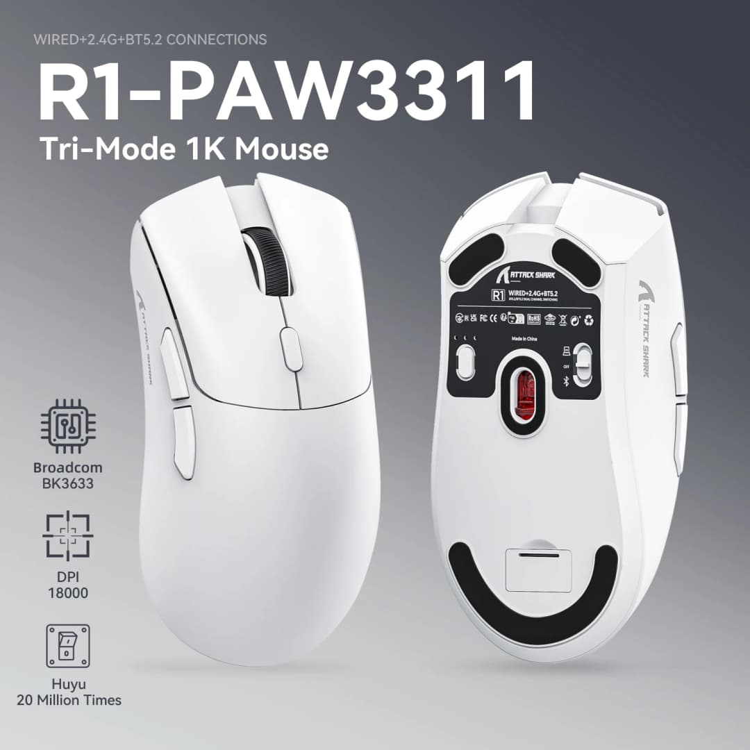 ماوس ألعاب لاسلكي Attack Shark R1، PAW3311 1KHZ 18000dpi، ماوس بلوتوث، ماوس ألعاب ماكرو، لوحة ماوس/كمبيوتر - 2
