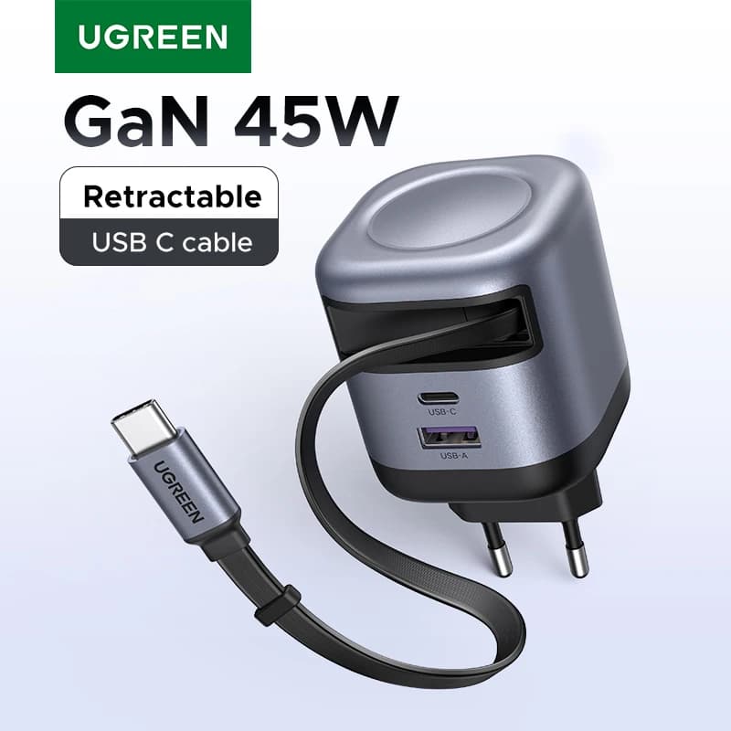 شاحن كابل قابل للسحب UGREEN 45W GaN: يدعم UFCS وPPS وQC وPD 3.0، شحن سريع لـ iPhone 16 و15Pro وSamsung S25 وiPad وMacbook Air