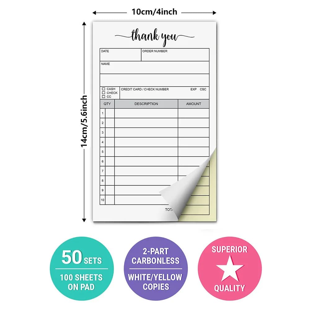 Bview Art 2-Part Carbonless Receipt Book - Duplicate Sales Order & Invoice Pad for Small Business SMB Use - 3