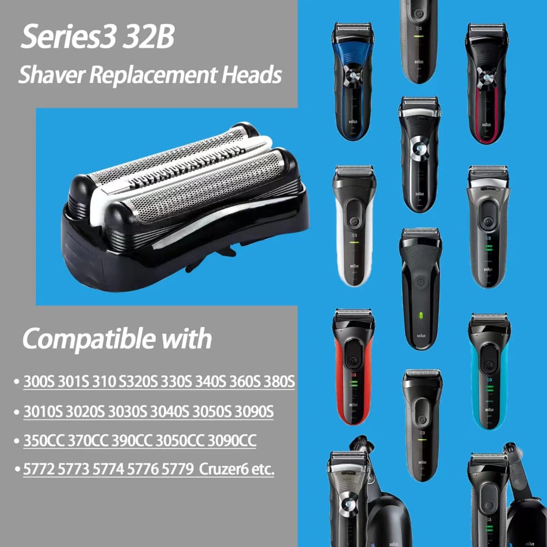 Braun 32B Shaver Head Foil Cutter Cassette Black Men's Electric Shaver Replacement Blade for 3000s 3010s 3040s 3050cc 3070cc - 6