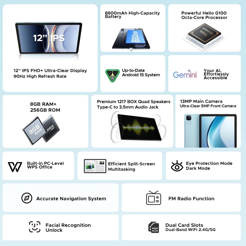 جهاز لوحي DOOGEE Tab E3+ كمبيوتر لوحي جيميني AI شاشة 12 بوصة FHD+ سعة 32 جيجابايت (8+24) 256 جيجابايت بطارية كبيرة 8800 مللي أمبير معالج Helio G100 مكبرات صوت مزدوجة نظام أندرويد 15 - 2
