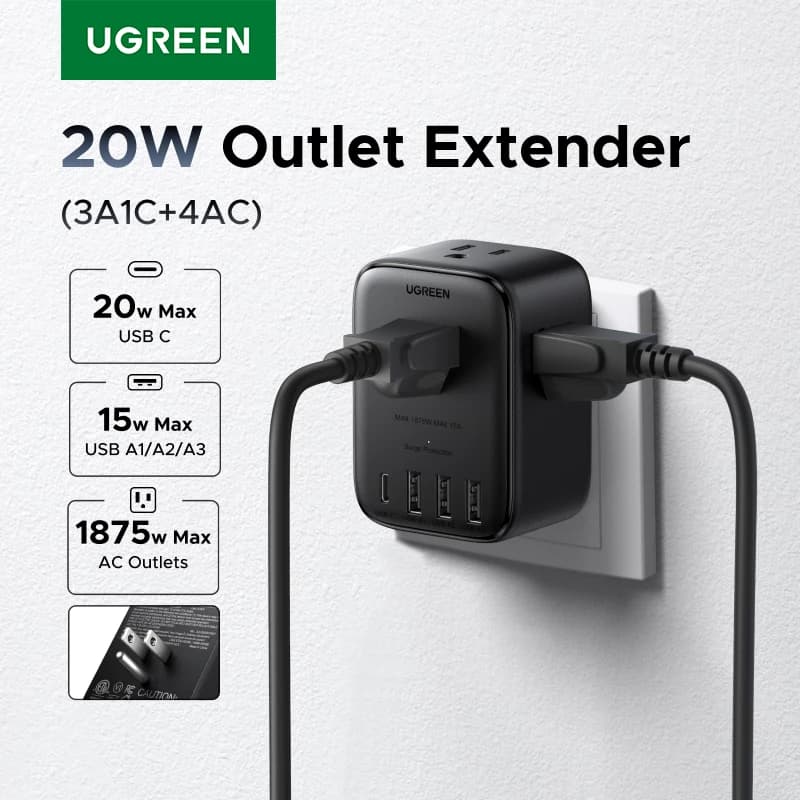 ممدد منافذ كهربائية من UGREEN بقوة 20 واط مع 4 منافذ AC و3 منافذ USB-A ومنفذ USB-C للشحن الجداري للمنزل والمكتب والسفر