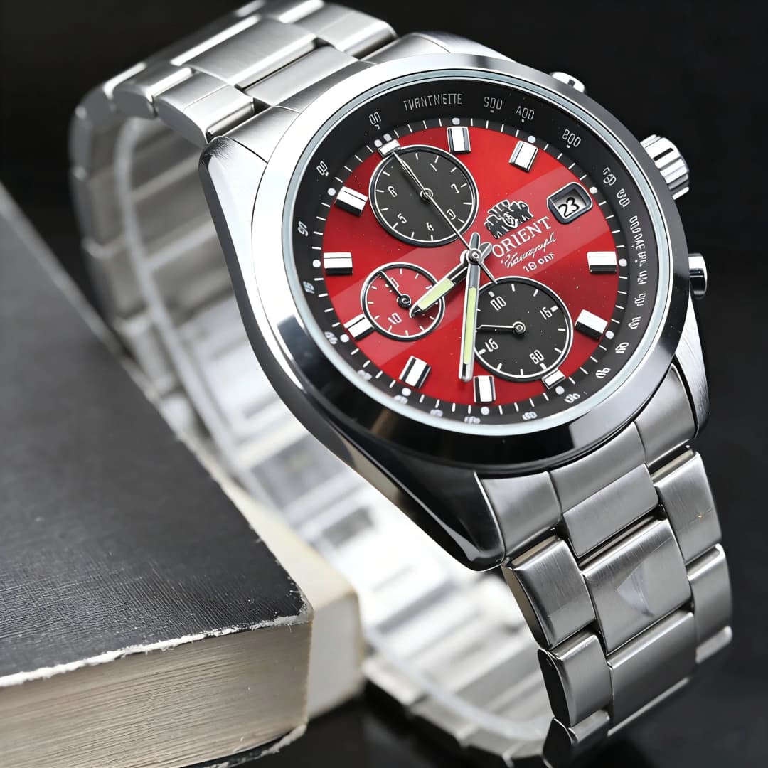 Orient Men's Quartz Chronograph Watch Red Dial Stainless Steel Band 100M Waterproof Sport Wristwatch
