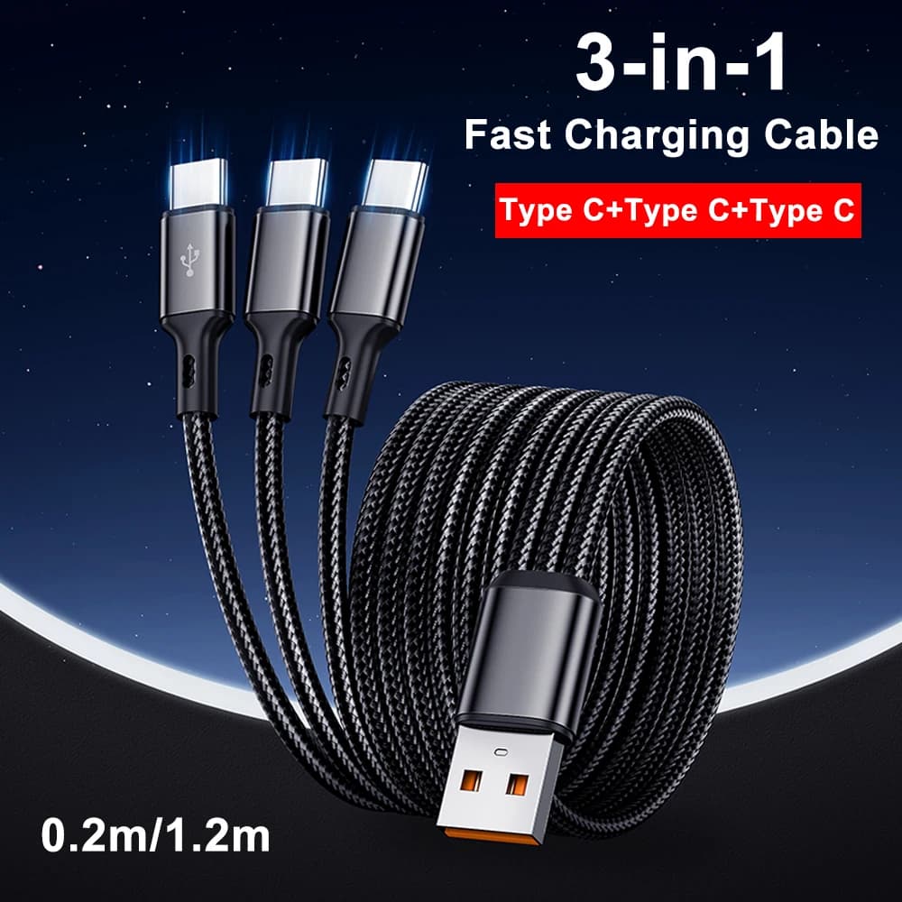 3 in1 USB to 3×Type - C Cable 100W 6A fast charge for Samsung S24 Xiaomi Huawei android phone usb c High-speed data transmission - 3