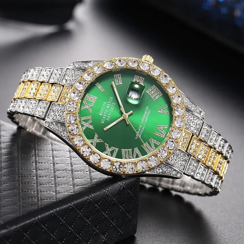 Hot Sale Diamond Bling Watch Men Gold Color Luxury Gift Quartz Watches Male Clock Dropshipping  Rhinestone Calendar Wristwatch - 4