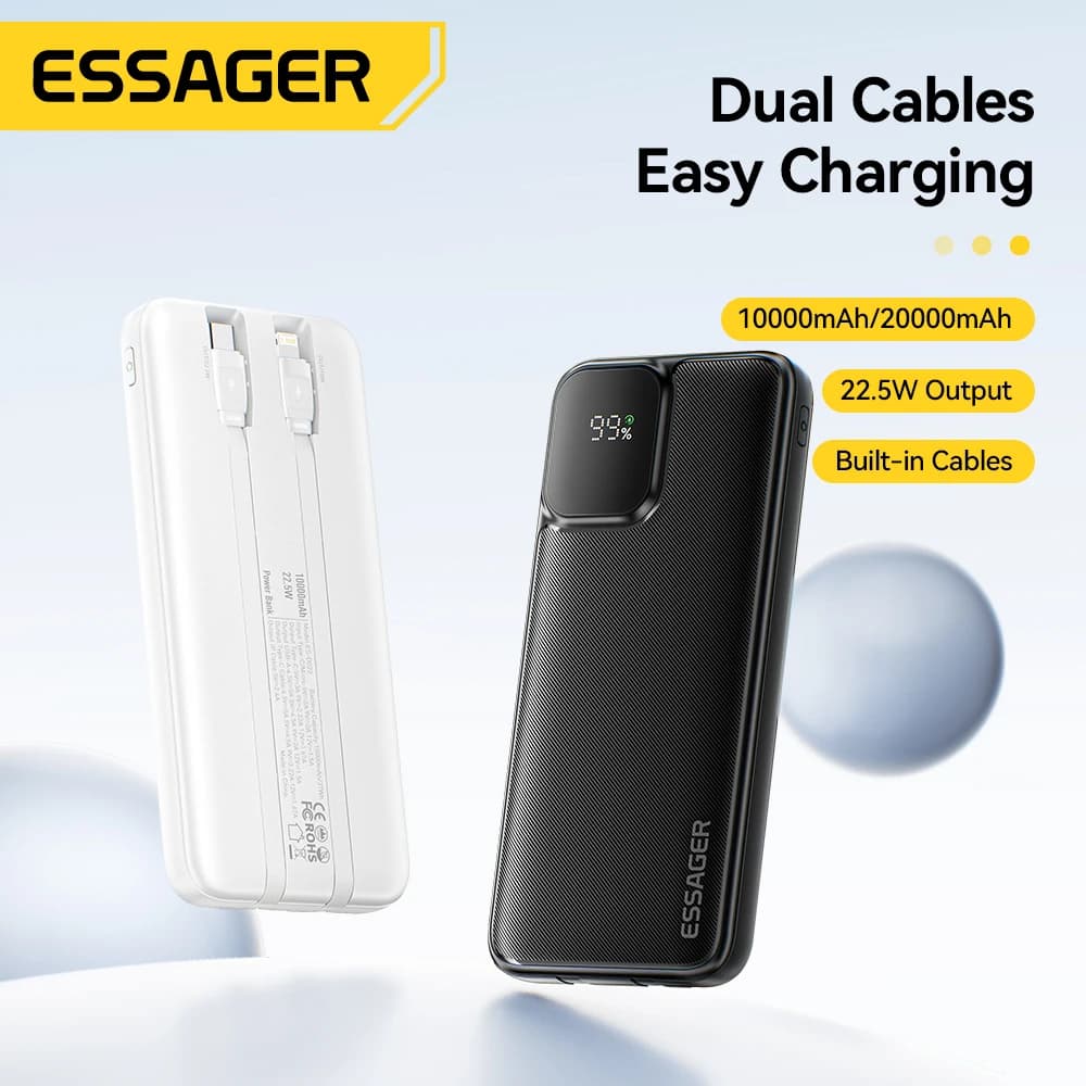 Essager 20000mAh Dual Cable Power Bank Fast Charging Portable Power Bank for iPhone 16 15 Pro Max Xiaomi PD 20W External Battery - 2