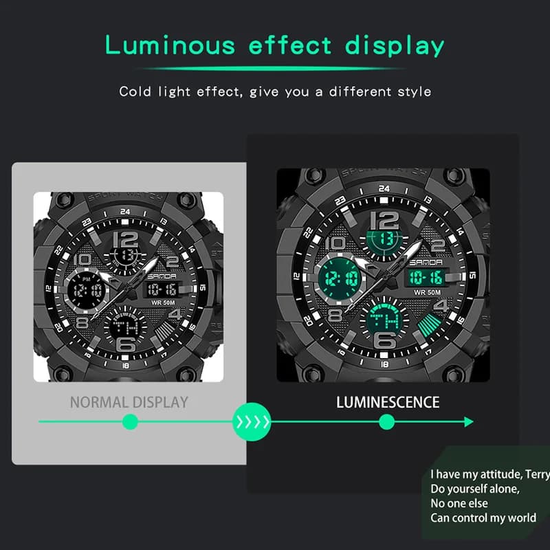 ساعة رياضية رجالية من سان دا بتصميم عسكري G، شاشة مزدوجة، ساعة إلكترونية مقاومة للماء، ساعة LED مضيئة للخارجية - 5