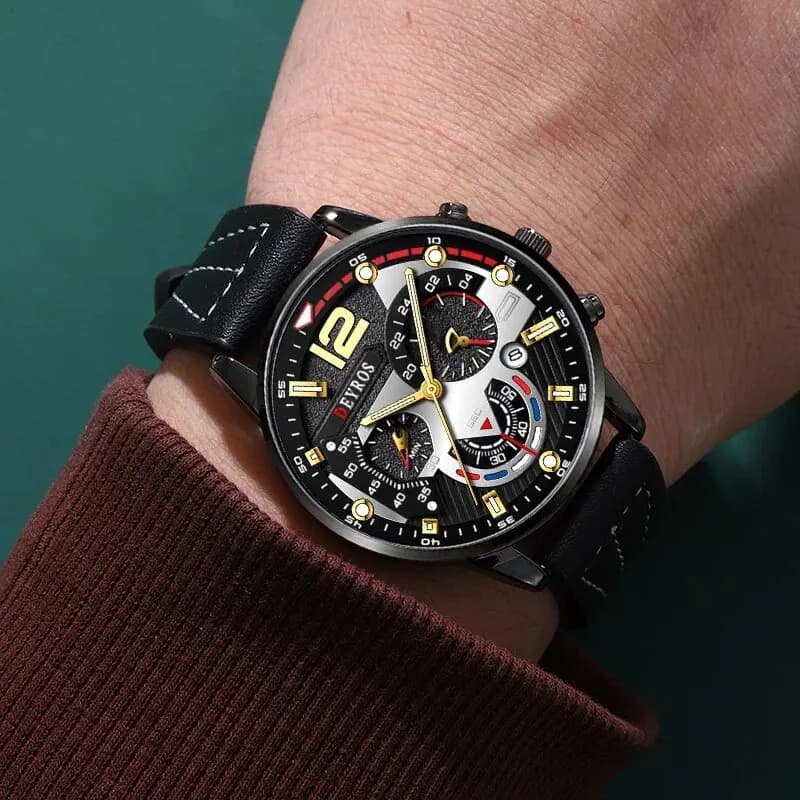 3PCS Set Fashion Mens Watches Luxury Black Leather Quartz Wristwatch Calendar Date Men Business Casual Watch Bracelet Necklace - 6