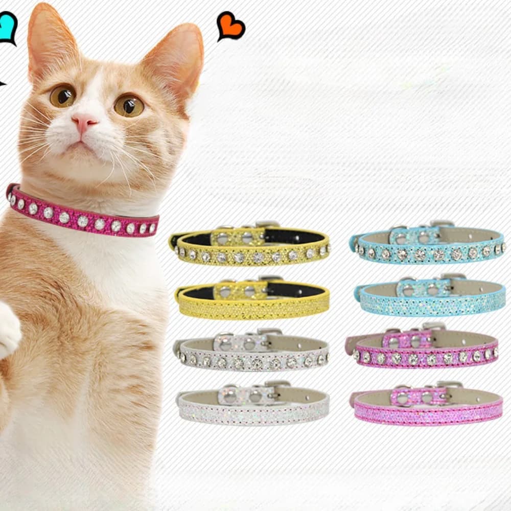 Super Shining Diamond Rhinestone Cat Collar Puppy Baby Dog Cat Collar Leather Strap Kitten Accessories Adjustable Cat Necklace - 2