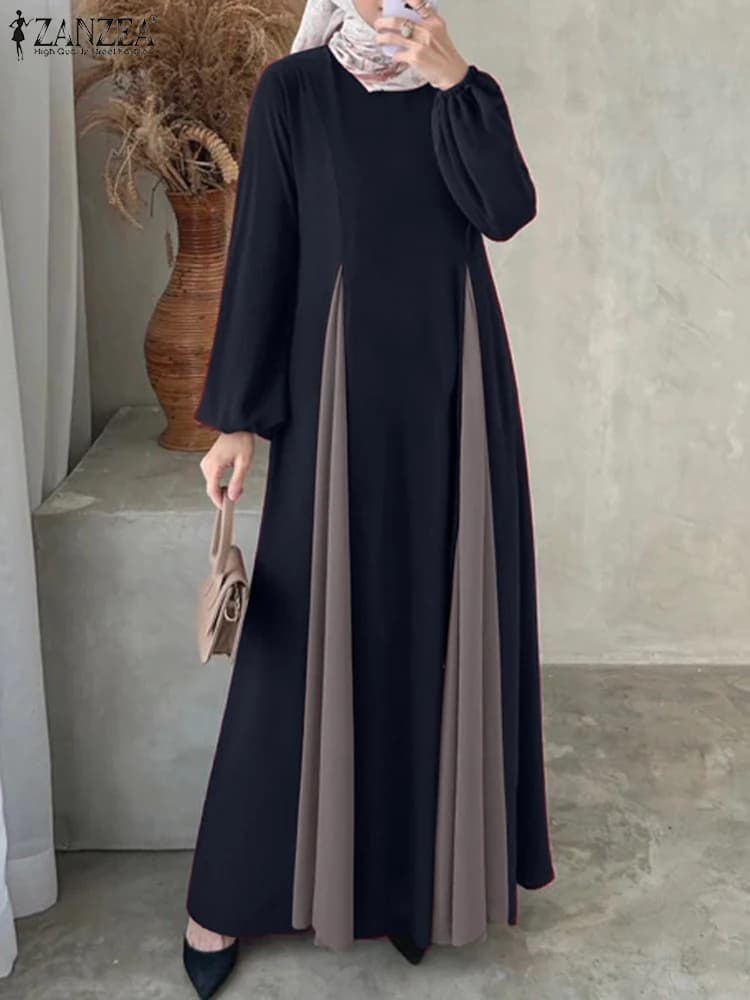 فستان ماكسي نسائي من ZANZEA مكون من كتلة الألوان مكون من قطعتين فساتين إسلامية طويلة برقبة دائرية وأكمام طويلة لخريف 2024 رداء عباية - 3