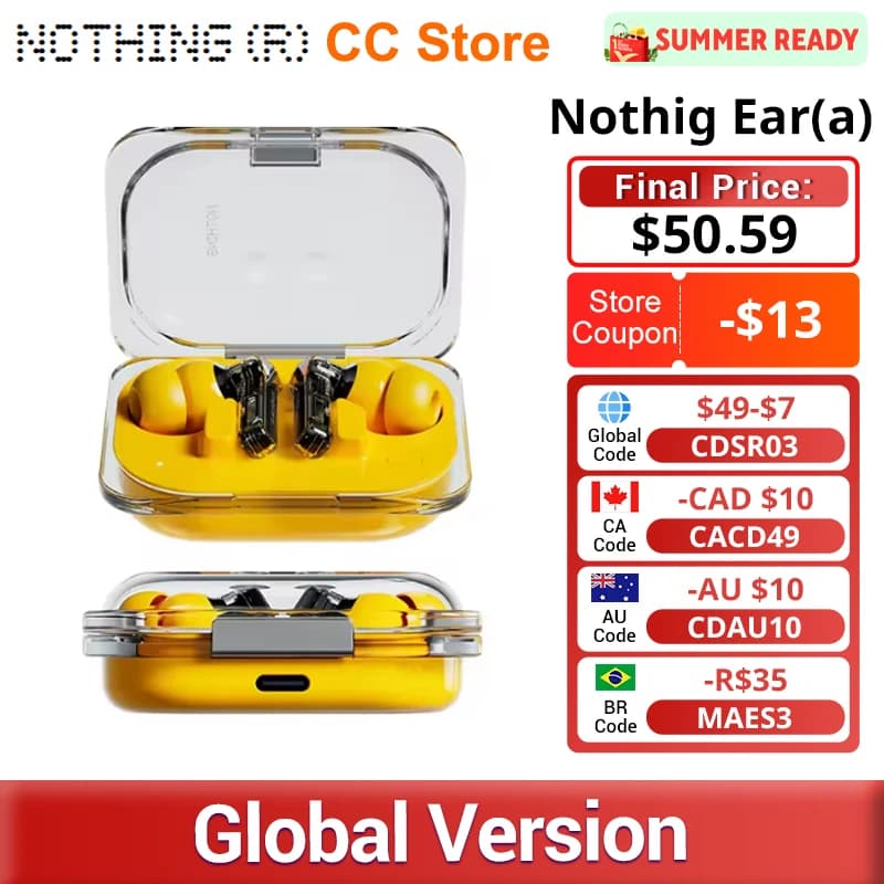 سماعات Nothing Ear (a) اللاسلكية إصدار عالمي جديد، إلغاء ضوضاء نشط 45dB، تصميم ديناميكي عصري، بلوتوث