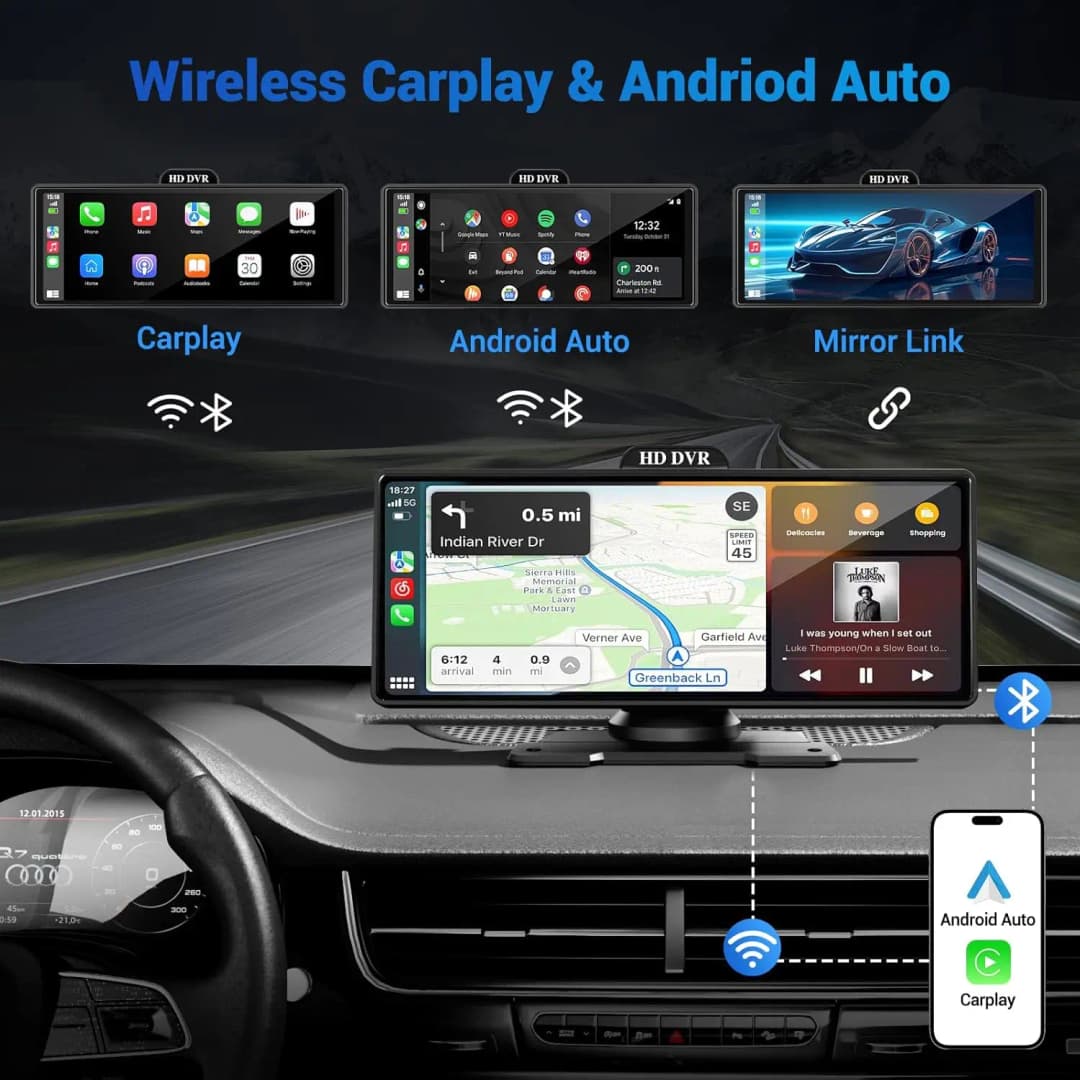 شاشة 10/11.26 بوصة 4K DVR مع CarPlay اللاسلكية وأندرويد أوتو، كاميرا داش بعدسة مزدوجة، بلوتوث، نظام تحديد المواقع والملاحة - 2