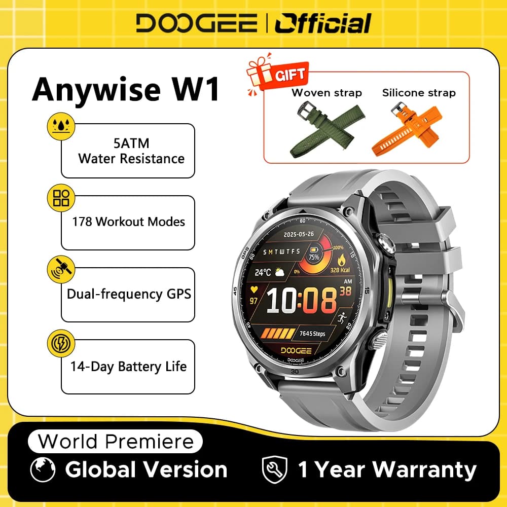 DOOGEE ANYWISE W1 Smart Watch 5ATM Water Resistance 178 Sports Modes Reminder Function Health Monitoring Dual-frequency GPS