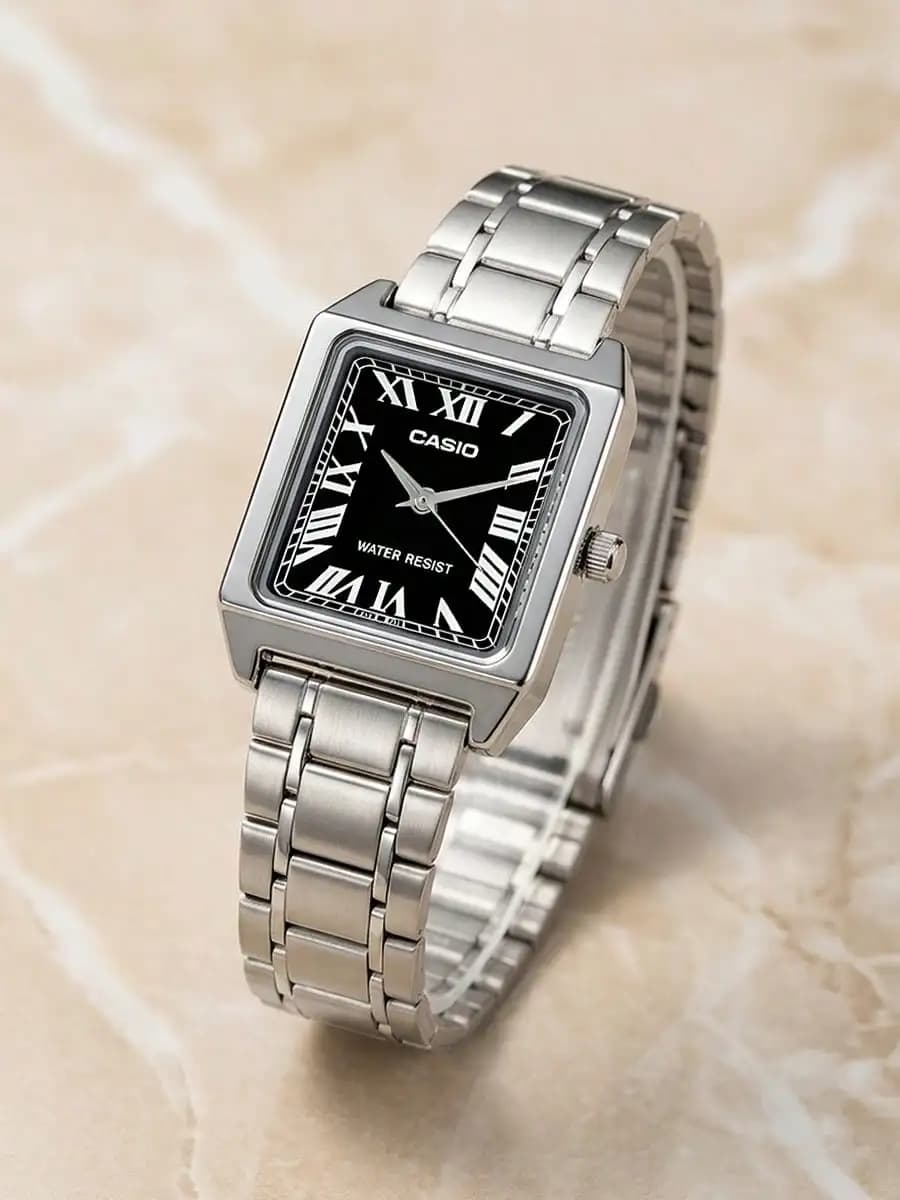 CASIO Women's Elegant Square Watch Stainless Steel Band Black Dial Roman Numeral Markers Business Casual Timeless for Daily Gift