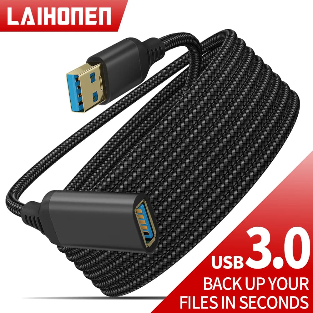 LAIHONEN كابل تمديد USB 3.0 نايلون مضفر من ذكر إلى أنثى عالي السرعة لنقل البيانات للكاميرا والكمبيوتر والطابعة وXBOX