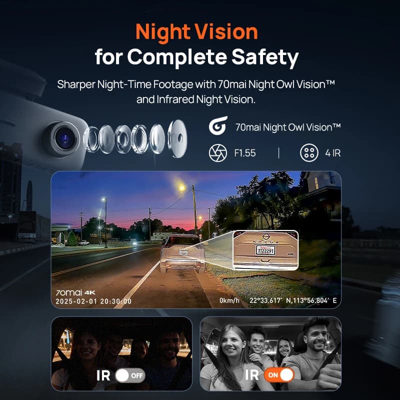 70mai 4K T800E كاميرا سيارة بثلاث قنوات أمامية وخلفية وداخلية 3 في 1 مع التحكم الصوتي ودعم موقف السيارة لمدة 24 ساعة ومكثف فائق وGPS 4K - 4