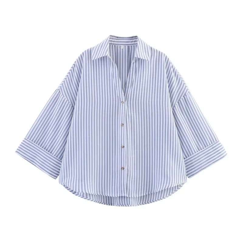 MUJER Striped Women's Shirt White Loose Casual Shirts for Women Summer Button up Shirts and Blouses Woman Wide Sleeve Ladies Top - 4