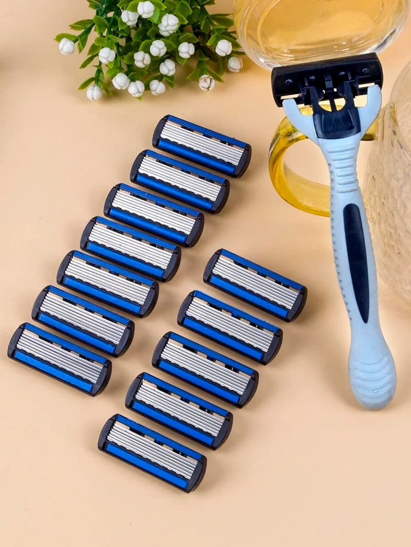 1 مقبض + 12 / 17 شفرة / شفرة حلاقة يدوية آمنة للرجال والنساء، 6 طبقات من الفولاذ المقاوم للصدأ، رأس حلاقة قابل للاستبدال لإزالة الشعر - 3