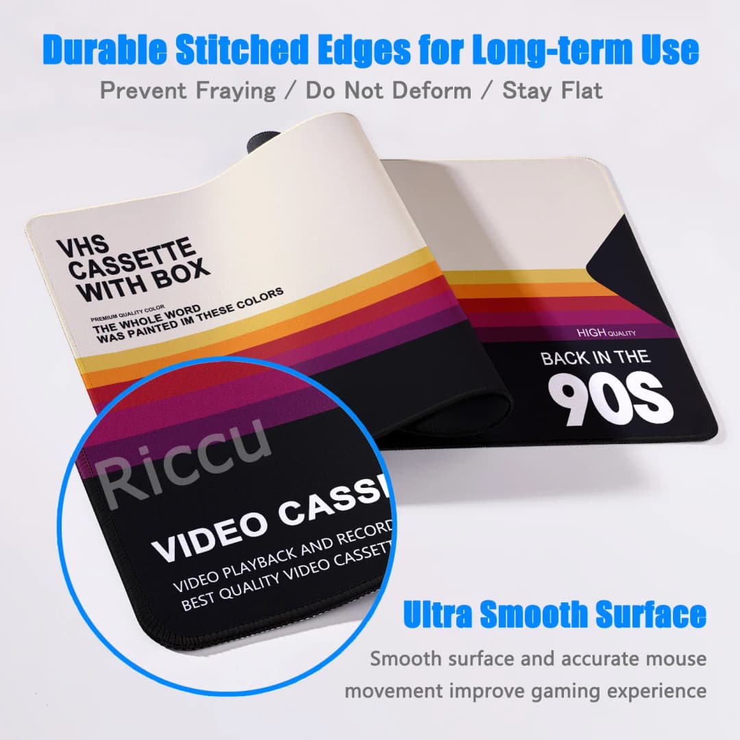 قاعدة فأرة بتصميم كلاسيكي VHS، كبيرة الحجم، غير قابلة للانزلاق، 90x40 سم، تصميم فني عالي الدقة - 4