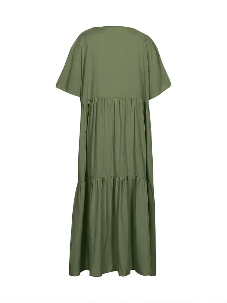 plus Size Women's Casual Loose V-Neck Solid Long Dress Spring Summer Pleated Big Size Women's Dress - 4