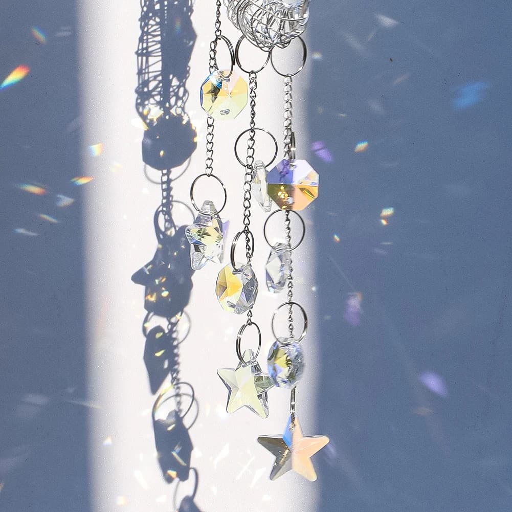 Moon Hanging Crystals Suncatcher Prism Wind Chimes Crescent Star Glass Bead Eye-catching Rainbow Maker Window Pendant Home Decor - 5