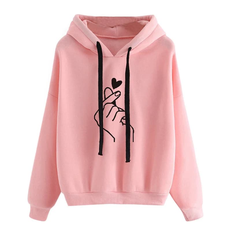 Autumn Fleece Hoodie Solid Color Finger Heart Hooded Korean Fashion Sweatshirts Long Sleeve Top Drawstring Pockets Loose Hoodies - 2
