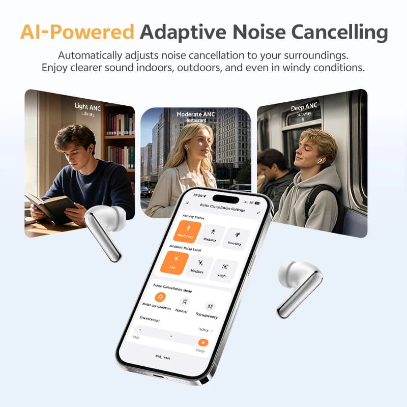 سماعات أذن QCY MeloBuds N65 لاسلكية، بلوتوث 6.0، إلغاء الضوضاء النشط AI، صوت عالي الدقة LDAC، تتبع الرأس، صوت محيطي، 8 ميكروفونات، عمر بطارية 50 ساعة - 4