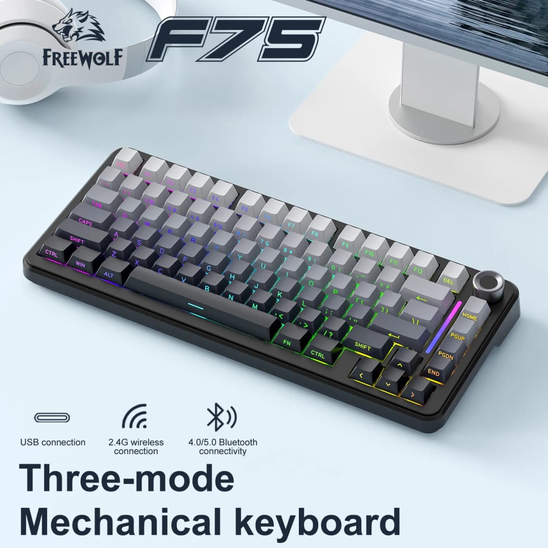 F75 Mechanical Keyboard FREEWOLF 81 Keys Layout Metal Knobs PBT Keycaps,Fully Hot-swappable Keys RGB Multi-color Backlighting