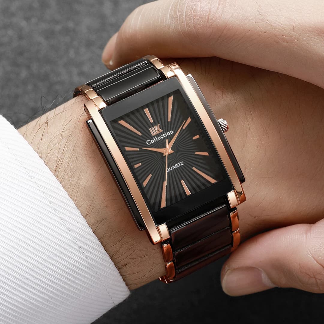 ساعة يد كوارتز مستطيلة فاخرة للرجال، حزام من الفولاذ المقاوم للصدأ، ريلوج هومبر (بدون علبة) - 4