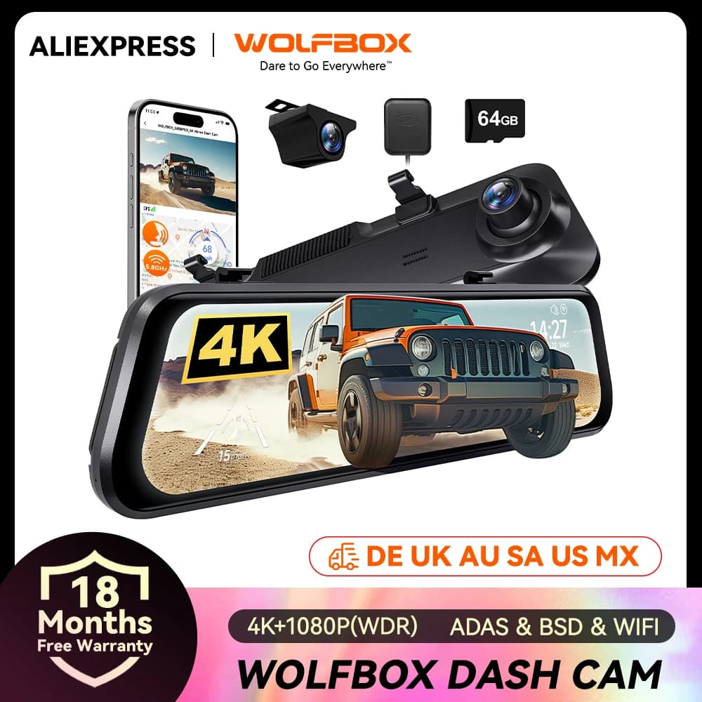 WOLFBOX G850 PRO 4K واي فاي كاميرا مرآة لوحة القيادة مع ADAS و BSD 5.8GHz واي فاي التحكم الصوتي مسجل سيارة مرآة الرؤية الخلفية 12 بوصة