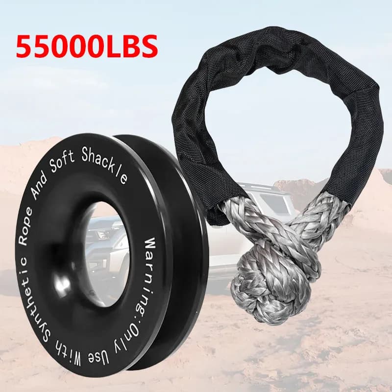 حبل رافعة 55000 رطل صناعي لين + مجموعة خواتم استرداد قيود متينة مع غطاء واقي لشاحنة استرداد مركبة - 2