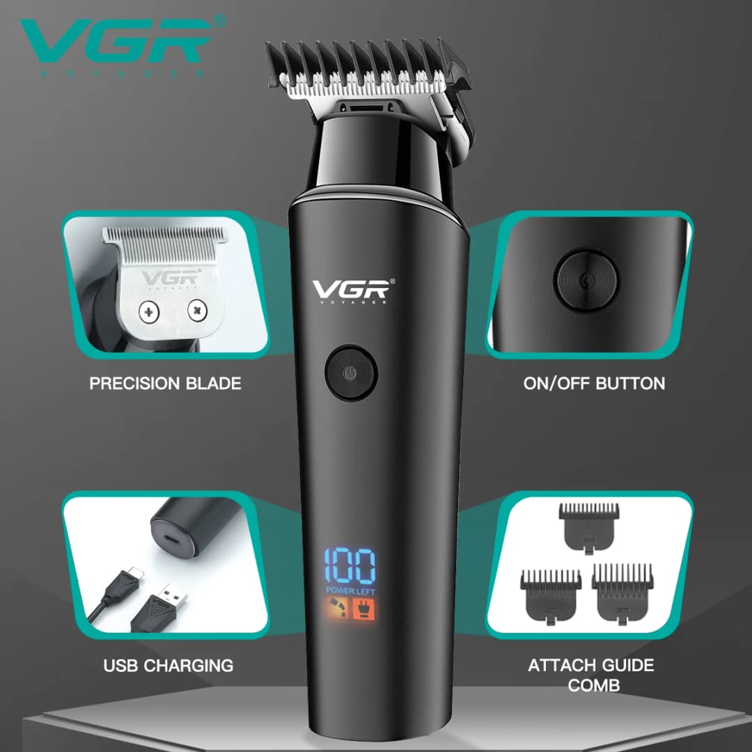 ماكينة تشذيب شعر VGR احترافية، كهربائية لاسلكية، قابلة للشحن مع شاشة LED موديل V937 - 3