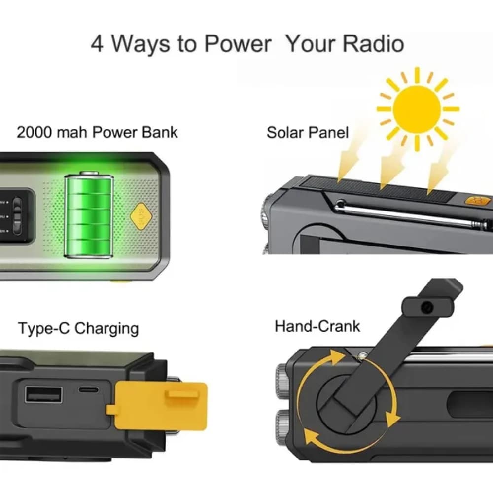 Weather Radio Emergency Multifunctional Radio FM AM WB Hand Crank Solar USB Charging 2000mAh Power Bank LED Flashlight Torch - 3