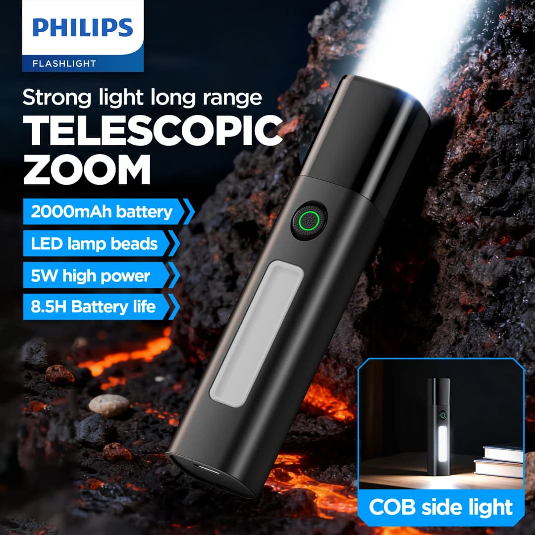 Philips SFL1151 2000mAh Telescopic Zoom Strong Flashlight with COB Side Light, 8.5H Battery Life