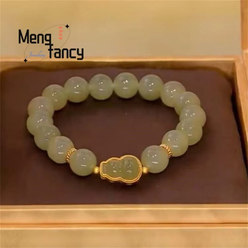 The New Natural Hetian Jade Fulu Fortune Peace Gourd Bracelet Retro Charm Fashion Fine Jewelry Best Selling Couple Holiday Gifts