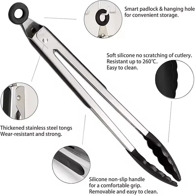 7/9/12inch Silicone Non-slip BBQ Grilling Tongs Salad Bread Cooking Clip Clamp Serving Utensils Kitchen Stainless Steel Tong - 5