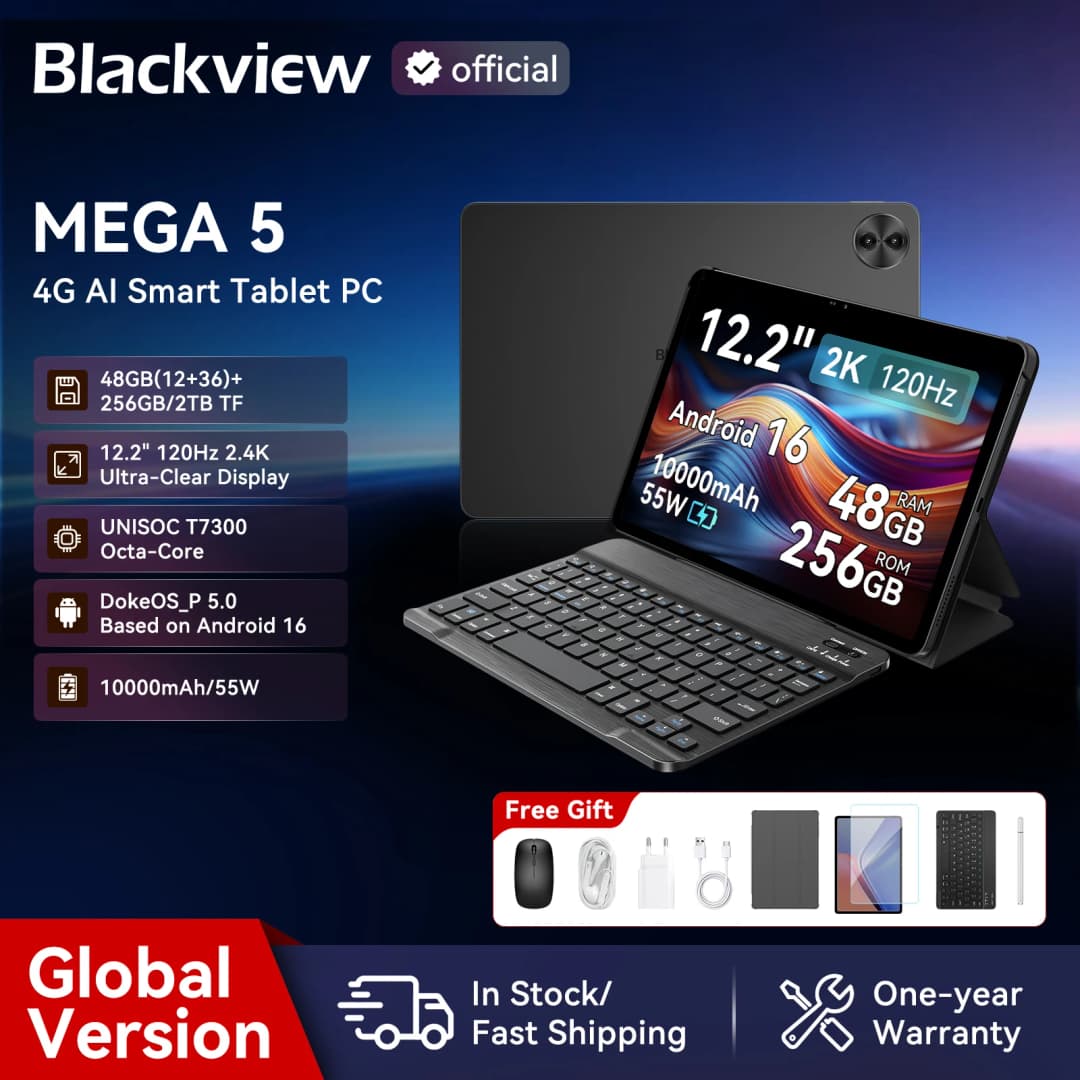 بلاكفيو ميجا 5 تابلت ذكاء اصطناعي، شاشة 12.2 بوصة 2.4K بمعدل تحديث 120 هرتز، معالج UNISOC T7300، أندرويد 16، 12 جيجابايت رام + 256 جيجابايت/2 تيرابايت، بطارية 10000 مللي أمبير، شحن 55 واط