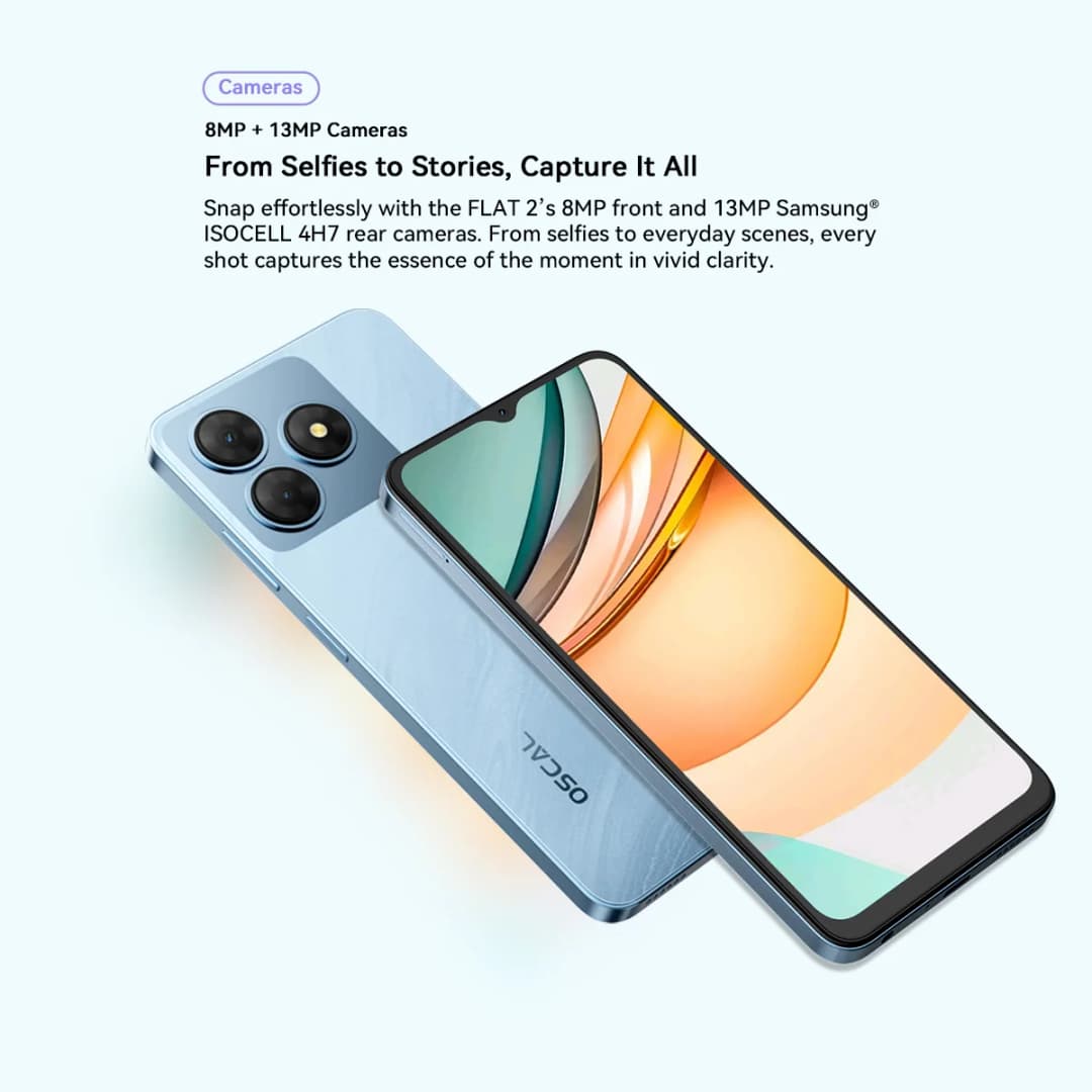 هاتف Blackview OSCAL FLAT 2 الذكي، شاشة 6.6 بوصة HD+، معالج T606 ثماني النواة، بطارية 5000 مللي أمبير، ذاكرة رام 4 جيجابايت، ذاكرة داخلية 256 جيجابايت، كاميرا 13 ميجابكسل، نظام أندرويد 14 - 6