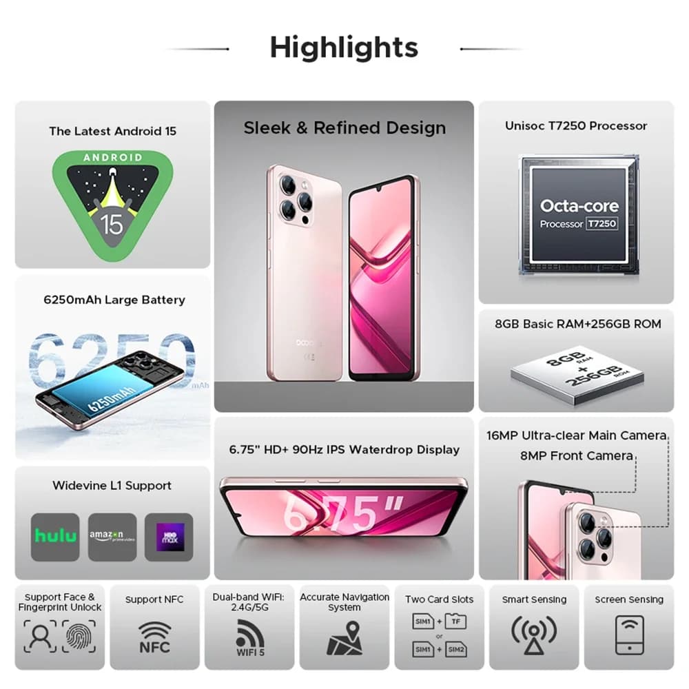 هاتف DOOGEE Note 58 Pro بذاكرة وصول عشوائي 8 جيجابايت وذاكرة قراءة فقط 256 جيجابايت ونظام أندرويد 15 وشاشة 6.75 بوصة بدقة HD+ ومعدل تحديث 90 هرتز وبطارية 6250 مللي أمبير في الساعة وتقنية NFC - 2