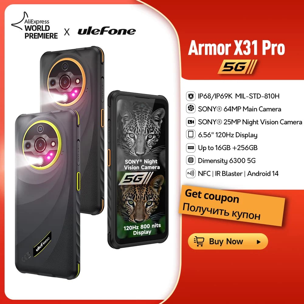 هاتف Ulefone Armor X31 Pro 5G متين بنظام Android 14 هاتف ذكي مقاوم للماء 6.56 بوصة ذاكرة وصول عشوائي 16 جيجابايت ذاكرة قراءة فقط 256 جيجابايت كاميرا ليلية Sony ® 64 ميجابكسل NFC