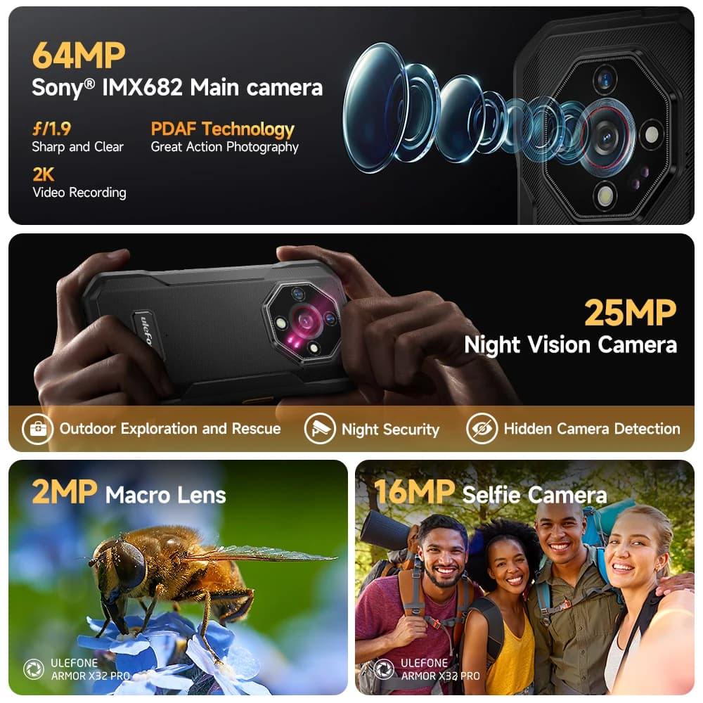 أرمور X32 برو 5G - هاتف متين مقاوم للماء، أندرويد، ذاكرة عشوائية 16 جيجابايت، تخزين 256 جيجابايت، شاشة 5.65 بوصة، معالج دايمنسي 6300، NFC - 3