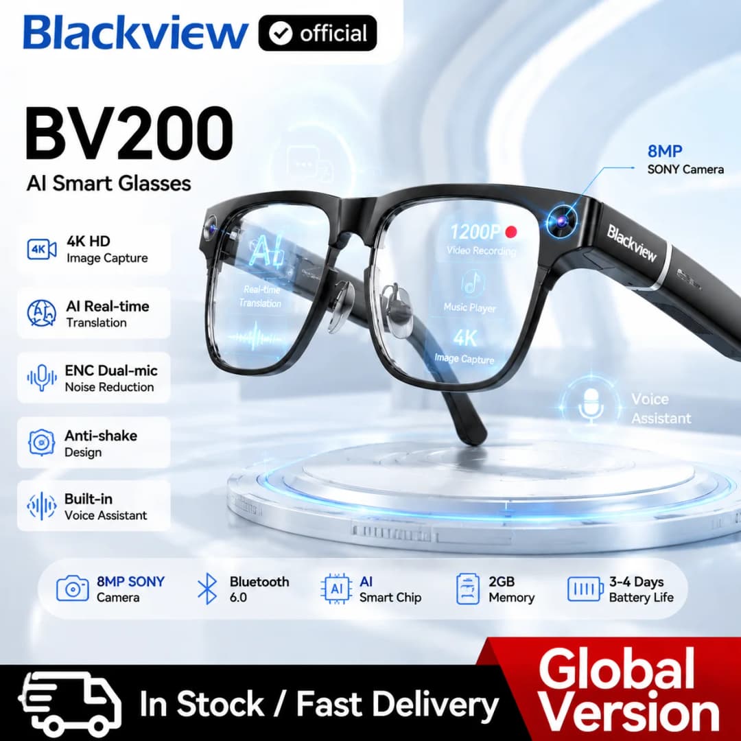 Blackview BV200 Smart Glasses 8MP Camera,32GB Storage,225mAh Battery,Waterproof Speaker,Noise Cancelling Mic,Wear Detection