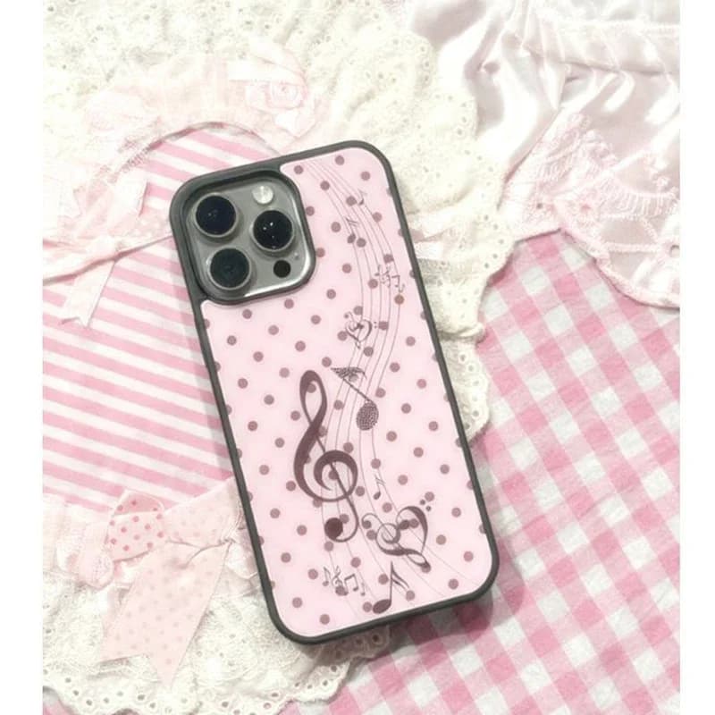 غطاء هاتف كوري بنمط النقاط الوردية والبنية، تصميم نوتة موسيقية، للفتيات، لهواتف آيفون 17 و16 و15 و14 و13 و12 و11 برو وXR وماكس و8 و7 بلس، تصميم Y2K - 2