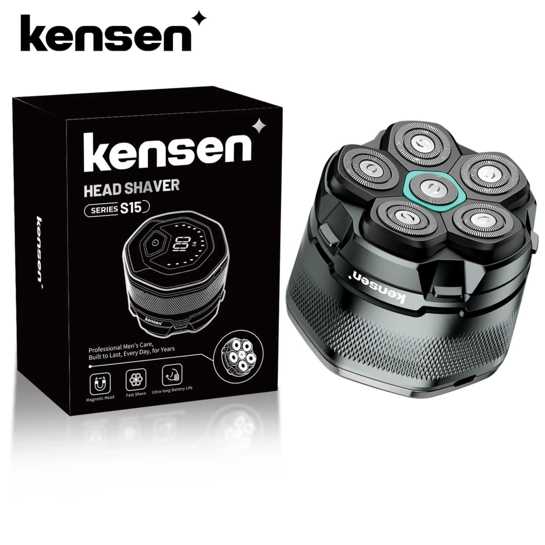 ماكينة حلاقة كهربائية KENSEN للرجال الصلع بشفرة مغناطيسية 6D، أداة تشذيب اللحية بشاشة LED مقاومة للماء مع شحن USB