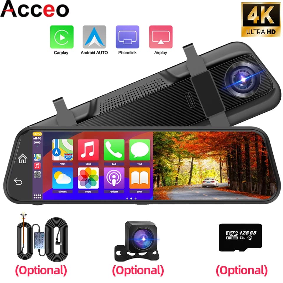 مسجل فيديو عالي الدقة 4K بشاشة لمس، كاميرا لوحة القيادة مع رؤية ليلية، مسجل قيادة متوافق مع Carplay وAndroid Auto