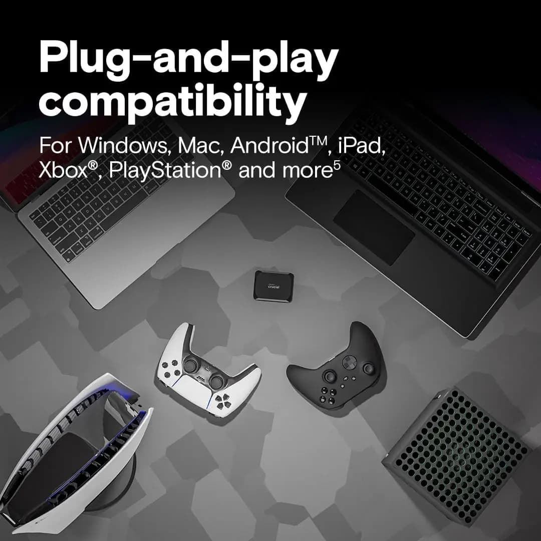 قرص صلب محمول Crucial X9 بسعة 1 تيرابايت، سرعة نقل تصل إلى 1050 ميجابايت/ثانية، USB 3.2 Type-C، مناسب لأنظمة ويندوز وماك وأندرويد - 4