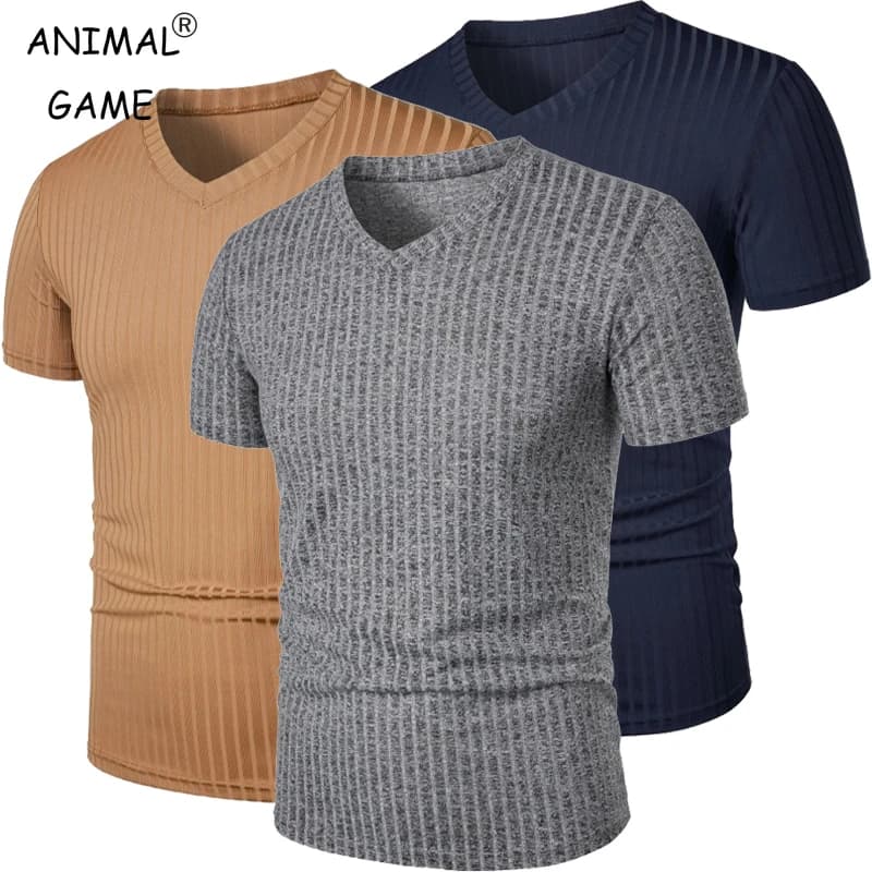 Summer Men's Short Sleeve Muscle T Shirts Stretch V Neck Bodybuilding Lightweight Streetwear Workout Tee Shirts Ribbed Shirt