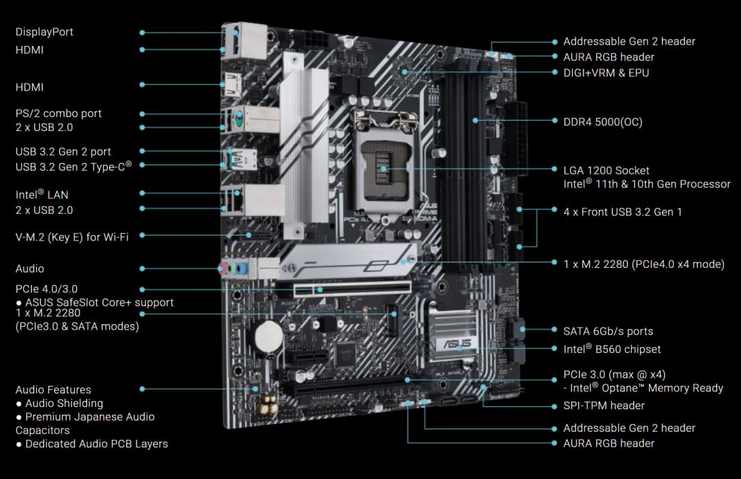 لوحة أم آسوس PRIME B560M-A، مقبس LGA1200، CPU، DDR4 5000 (OC)، شريحة B560، mATX - 2
